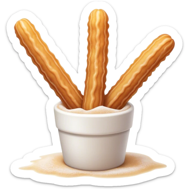 Cinematic Realistic Churros Dessert Emoji, showcasing crispy, golden-brown fried dough sticks dusted with sugar rendered with lifelike detail and warm, inviting lighting. sticker