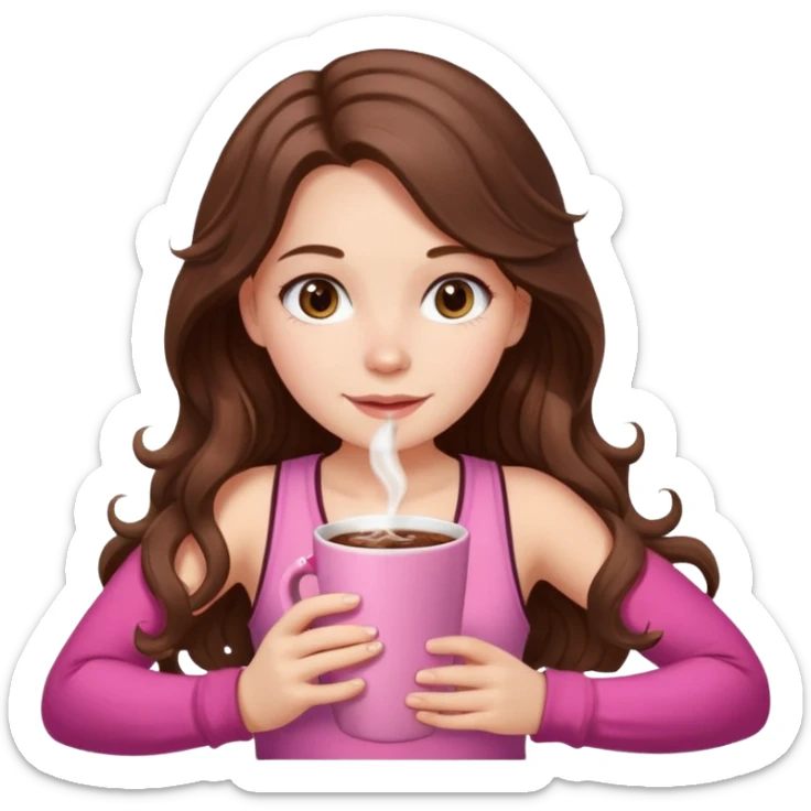 menina branca com cabelos castanhos longos ondulados com xícara rosa na frente com chocolate quente, ela usa blusa de alcinha com estampa de natal sticker