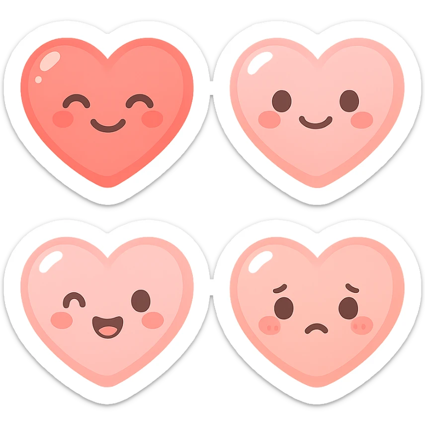 A series of illustrations heart in a kawaii emoji style, with detailed shading and highlights, thin clean outlines, soft and rounded features. Pastel color palette using  #FE655F, #F4A6A6,#FECDC9 The style is inspired by modern Japanese pop art and sticker aesthetics. Highly detailed, vector clarity, soft lighting and subtle shadows. Transparent background without background. sticker
