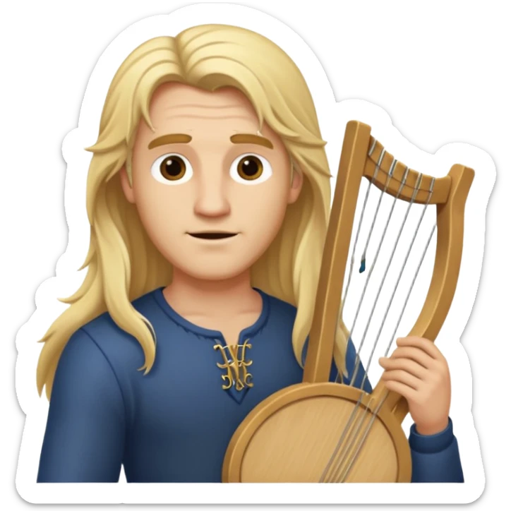 Man with long blonde hair aloof holding a lyre sticker