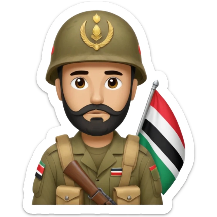 A tired and sad, swarthy Iraqi soldier with a beard, an Iraqi flag on his helmet, a sad expression and bags under his eyes sticker