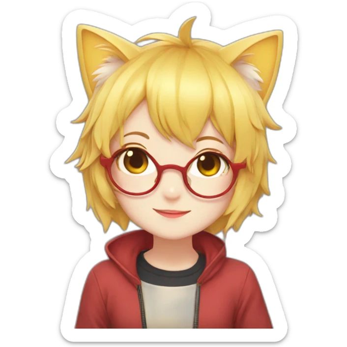 anime girl with short yellow hair, red glasses, cat ear, idol costume, happy sticker