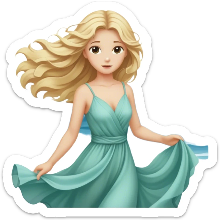 Blond Girl in a flowing dress by the ocean wind in her hair with beautiful finish. sticker