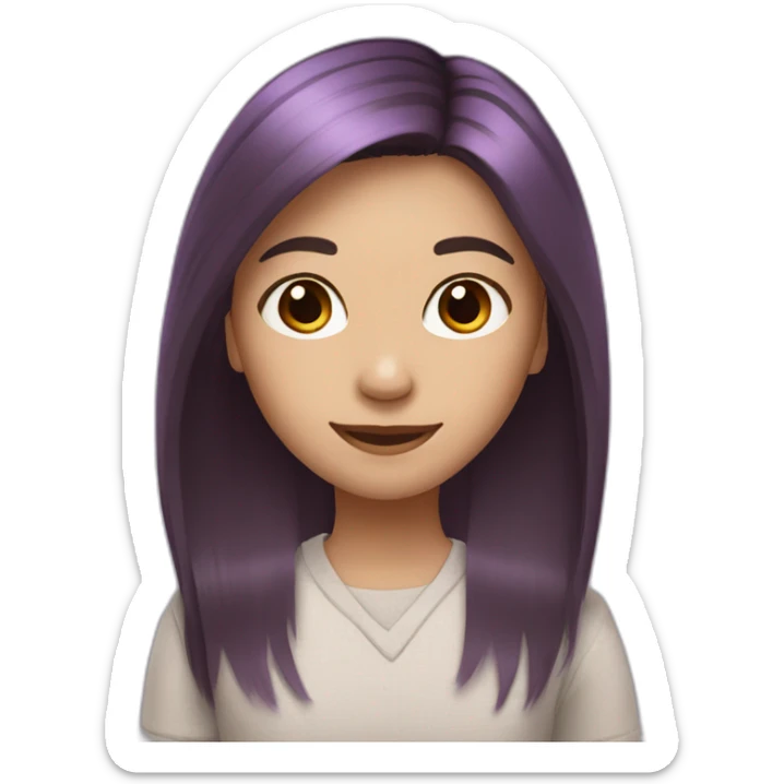 girl who has shoulder-length stright hair, dyed in purple, brown eyes (a little bit asian) smiling sticker