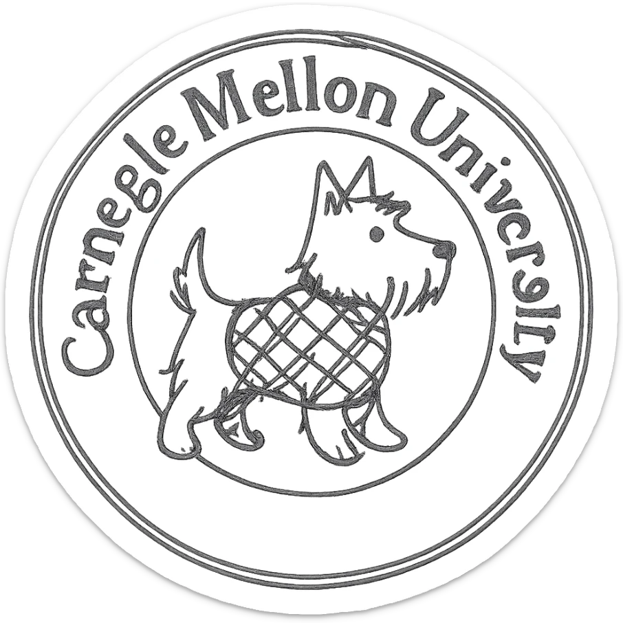Carnegie Mellon University school seal with Scotty the Scottish Terrier mascot integrated into the design, tartan colors, 'Carnegie Mellon University' text on the seal, classic emblem style sticker