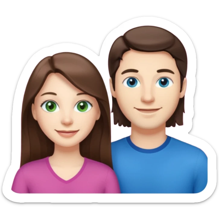 “A pink Polaroid-style photo of a couple: a white woman with long brunette hair and blue eyes, and a white man with short brunette hair and green eyes.” sticker