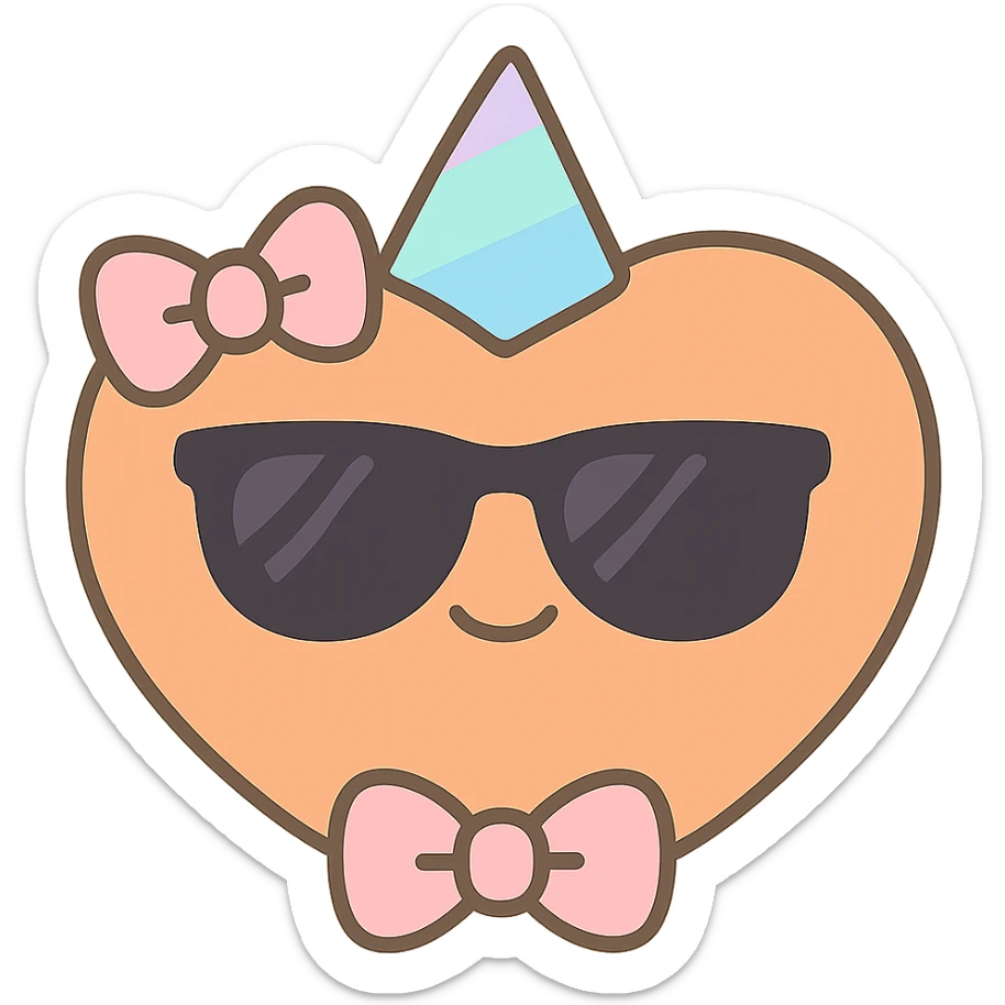 Add sunglasses, a party hat, and a bow tie to the orange heart. Keep the cute kawaii style with a smiling face and bow, with no background as in the reference image. sticker