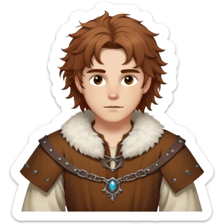 medieval spring outfit worn by a DnD themed fantasy male character. cotton tunic with sleeves rolled to the elbow, featuring a light fur-lined collar for chilly mornings. clothes only above the waist. The clothes full waist. The character's haven't arms. character is white-skinned, chestnut brown hair, amber eyes, shoulder-length messy hair. sticker