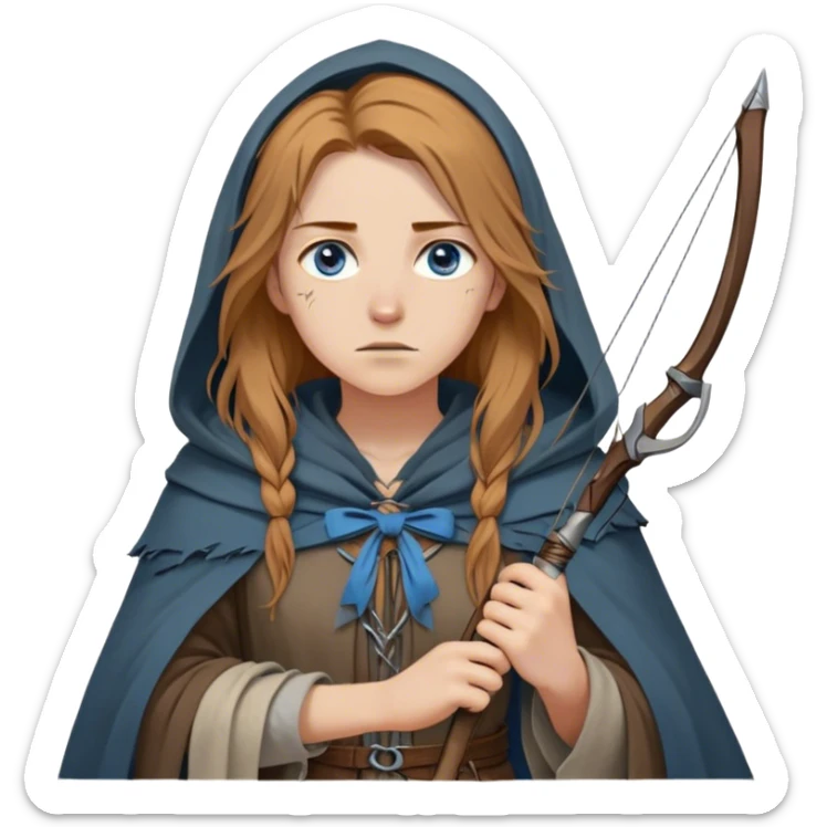 A young human woman with long, unkempt golden-brown hair, piercing blue-gray eyes filled with quiet determination. Dressed in a worn tunic and a tattered cloak, her calloused hands grip a bow, a hunter surviving against the odds. sticker