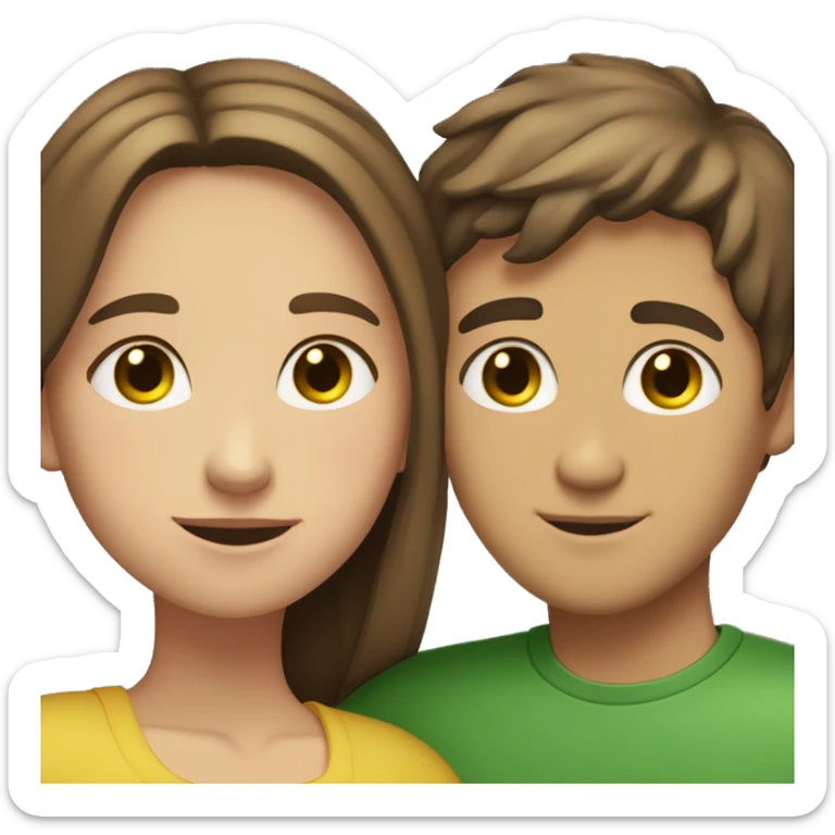 Brown haired girl with a Little bit of blond highlights with Green/yellow eyes Hugging a short Brown/black haired Guy with Brown eyes sticker