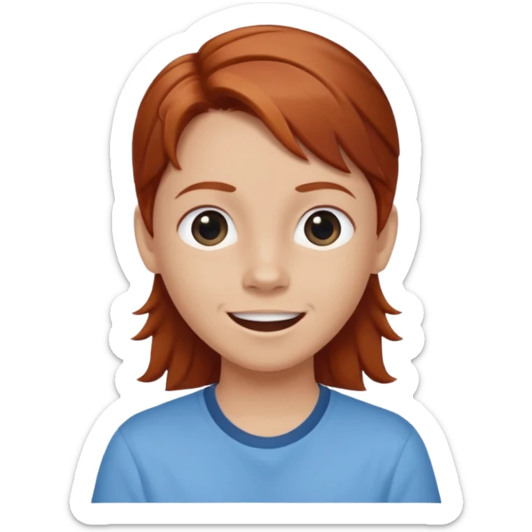shrugging happy emoji tween long auburn hair light blue shirt with a darker blue L sticker