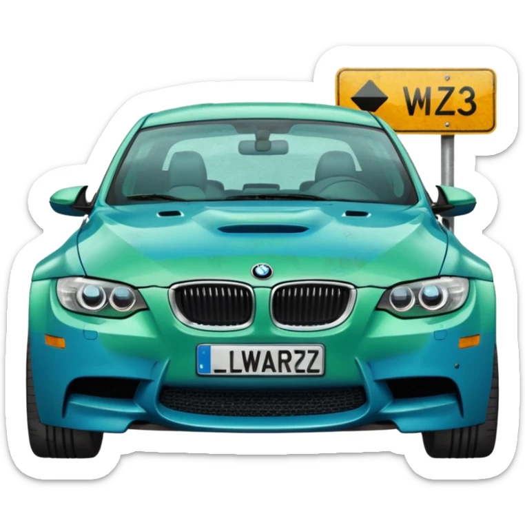 Make me an emoji with a blue bmw M3 and a street sign with W LZR on it sticker