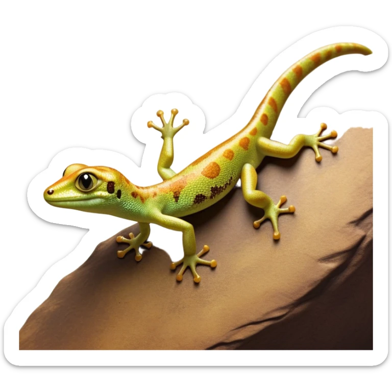 cinematic-gecko-realistic-full-body-climbing-emoji,-tiny-agile-frame-sticking-to-a-glass-surface-with-specialized-toes,-smooth-speckled-skin-in-rich-earthy-tones,-large-glistening-eyes-wide-and-watchful,-delicate-curved-tail-balancing sticker