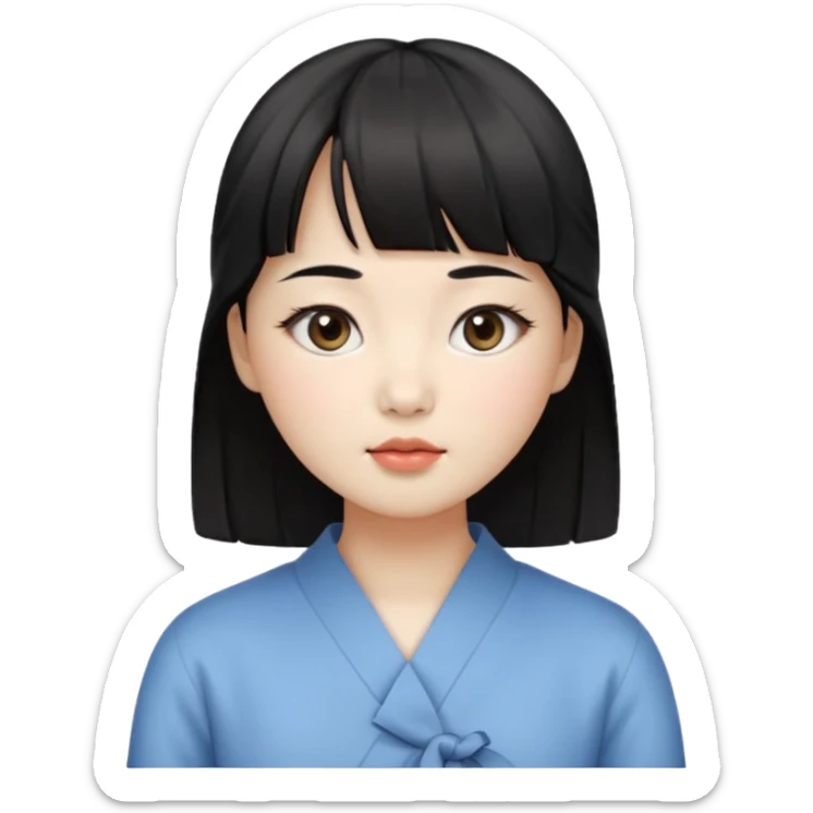 Clean Korean illustration-style emoji portrait of a young Korean woman, front-facing.
Smooth porcelain skin, soft shading, large round eyes, calm neutral expression.
Straight black bangs, black hair tied back, small nose and lips.
Round oval face, soft jawline.

 sticker