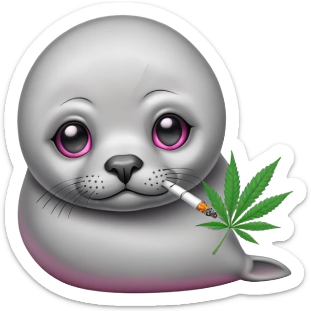 Grey slim baby seal Smoking cannabis weeds with pink eye looks tired sticker