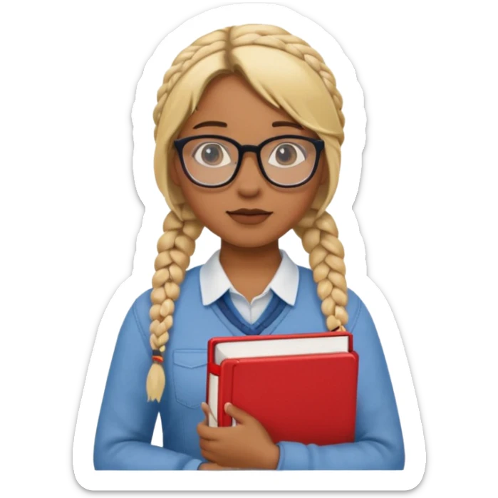 A student, girl, brown skin, braid blonde hair, wearing glasses, hold red book in front of their chest sticker