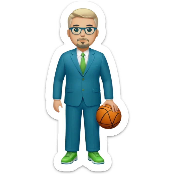 Full Body plus size white male basketball team manager with glasses blondish gray short hair with a goatee wearing blue and green suit sticker