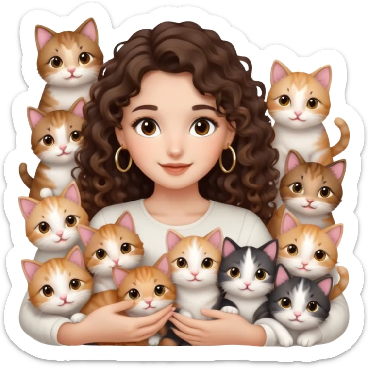 cute girl long brunette balayage curly/wavy not voluminous hair, brown eyes, hoop earrings, natural pretty clean makeup: holding and surrounded by lots and lots of happy cute kitties sticker