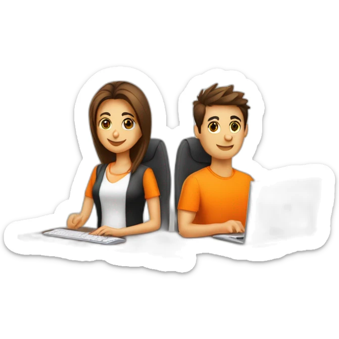 Chico y chica trabajan en oficina con computadoras con remera color naranja sticker