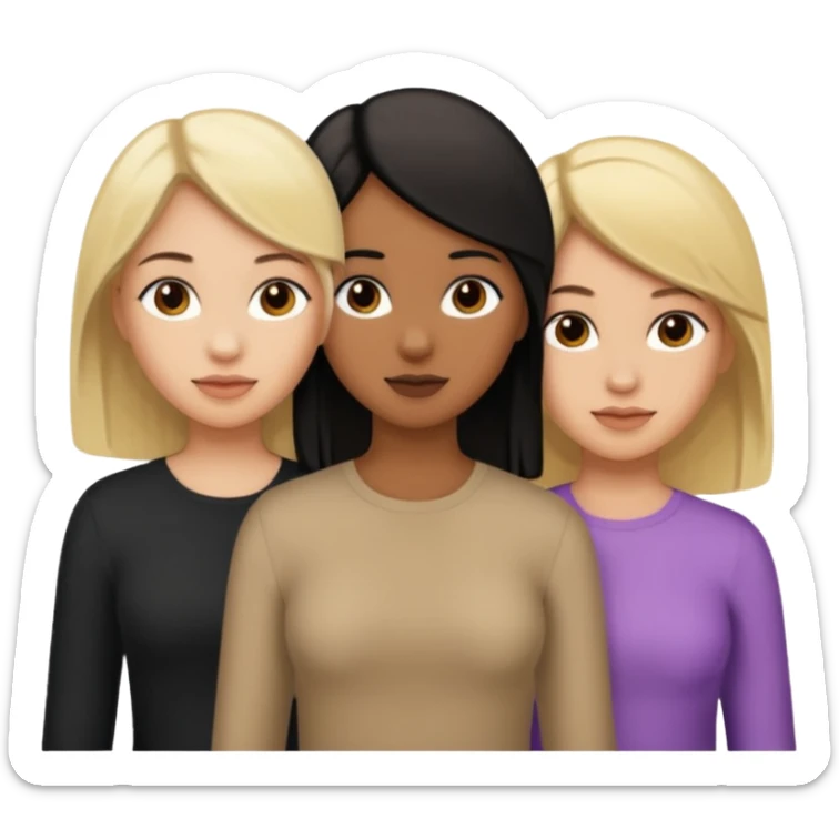 3 girls. 1 light skin with blonde hair, 1 brown skin with black hair and 1 tan skin with brown hair sticker