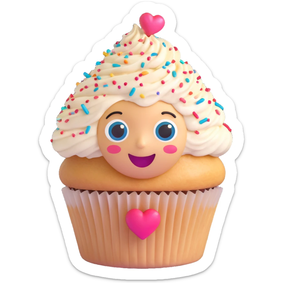happy emoji-style face made from a cupcake, frosting hair, big sparkling eyes, joyful smile, colorful sprinkles, heart-shaped candy, representing love for sweets sticker