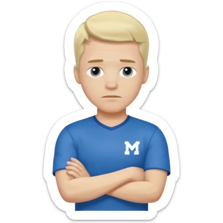 Pale blond man in blue football t shirt crossed arms trembling from cold sticker