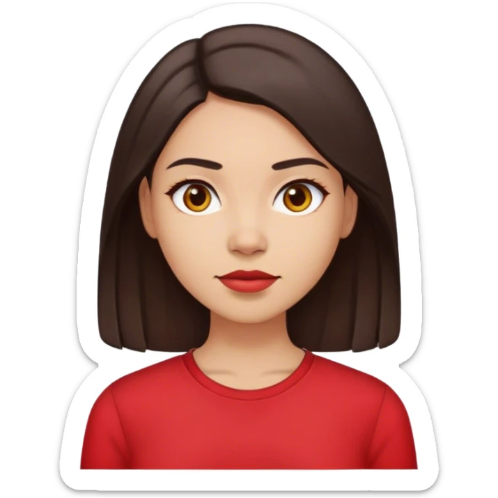 woman with light skin, straight dark brown hair with middle part red shirt  sticker