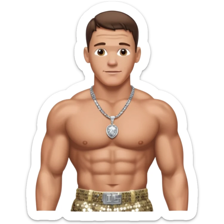 John Cena with silver sequin baggy pants, shirtless with necklace, brown hair sticker