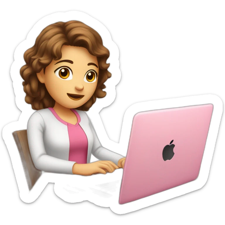 Girl with brown hair brown eyes white skin pink shirt sitting and looking eye up in front of Apple laptop sticker