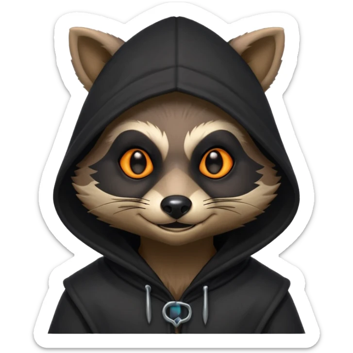 gothic thief raccoon portrait, head and shoulders only, dark hood, glowing eyes, mysterious sneaky grin, 3D cartoon, mobile game icon style, clean background, no text, no watermark
 sticker