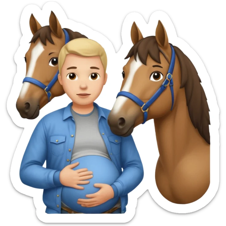 pregnant man in casual wear near horse sticker