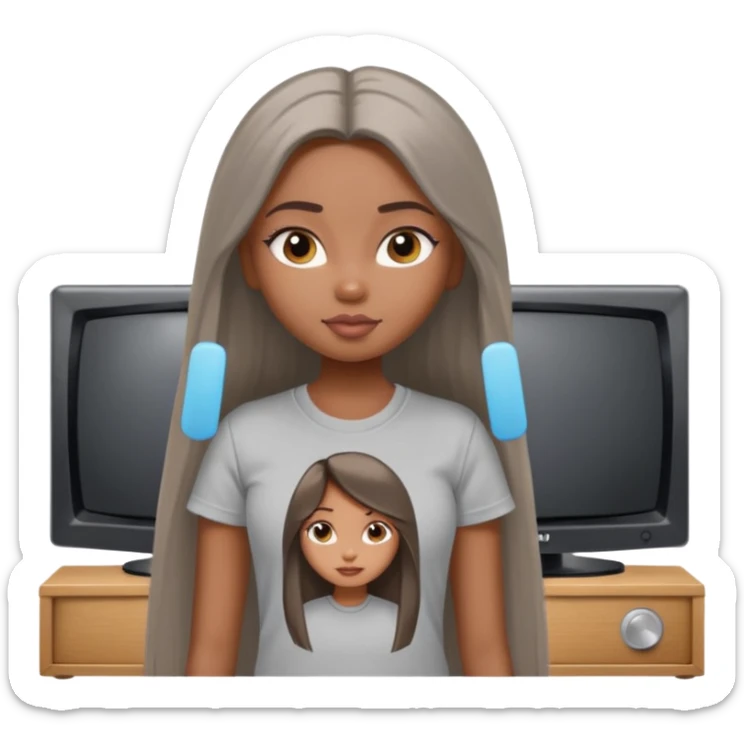 a pretty bratz dusky girl with long straight hair watching tv and wearing a grey tshirt sticker