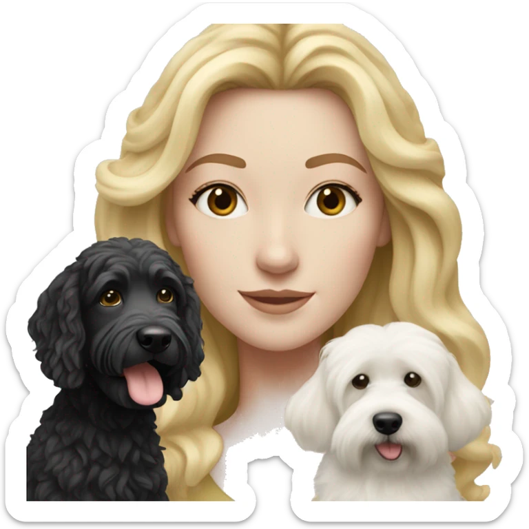 white woman with long blonde hair with a black and white bernadoodle dog  sticker