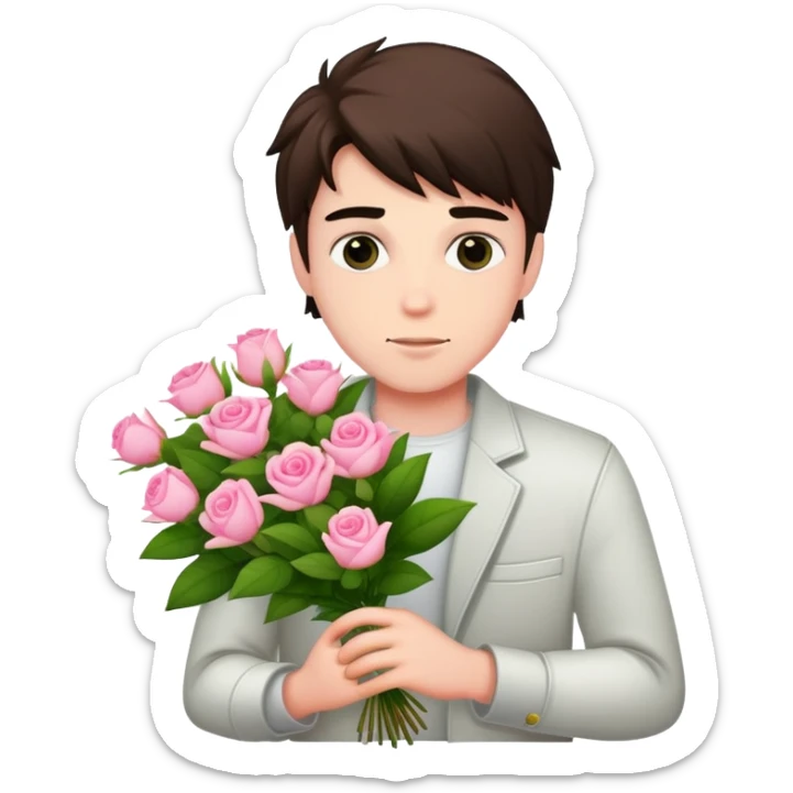 A cool bad boy with fair skin holding a bouquet of pink jasmine roses sticker