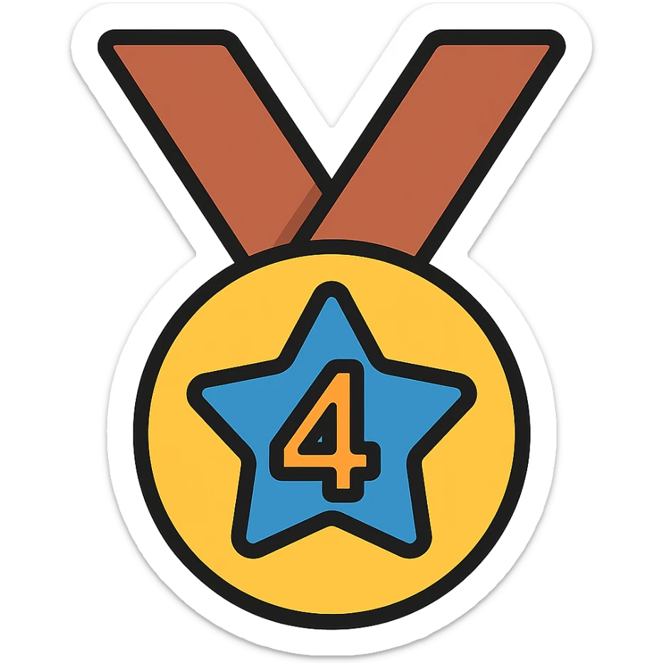 Add gold, bronze, and blue colors to the medal for 4th place with star, keep the number 4 visible, icon style, no background. sticker