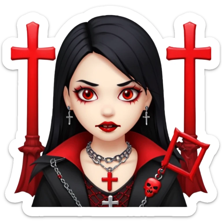 a girl with a very light skin,red eyes,fangs like vampire,black hair with red mesh,with goth clothes and a chain with a cross on it sticker