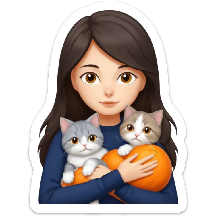 a girl with long dark brown hair, in a navy sweater, hugs a persian peaknose grey cat and persian peaknose orange and white kitten sticker