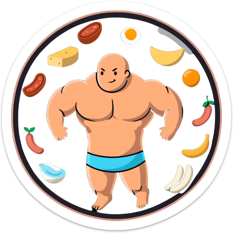 A floating warm orb with bright food icons (meat, egg, beans, tofu, yogurt) orbiting around a semi-transparent muscular human body. The body glows from within, with visible muscle fibers vibrating and expanding. sticker