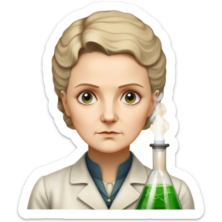 Cinematic Realistic Marie Curie Portrait Emoji, depicted as a pioneering scientist with a determined gaze in period attire, rendered with detailed textures and soft intellectual lighting that captures her groundbreaking legacy. sticker