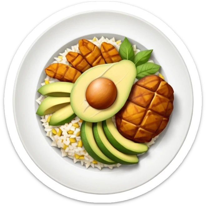 plato con pollo blanco asado en tiras, arroz blanco, rodajas de aguacate y maíz amarillo, vista desde arriba, fondo blanco, estilo simple. sticker