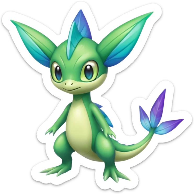 Futuristic glowing scaled Larvitar-Celebi-Snivy-hybrid-fusion (full body) sticker