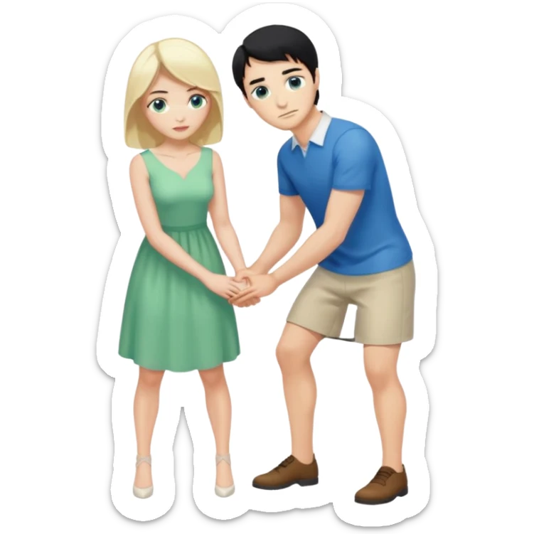 King, man, standing, black Hair, blue eyes, whole body, Woman, bending knees, blonde, green eyes, White Dress, sticker