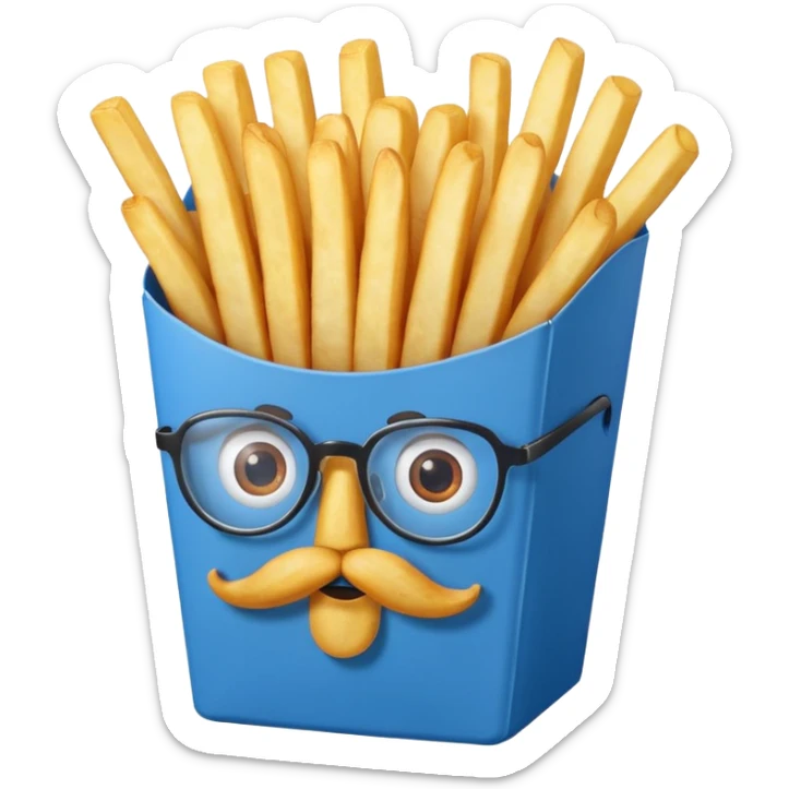 long slim crispy fries in a blue carton, carton has eyes and mustache and glassess sticker
