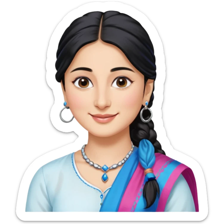 generate a pretty bratz emoji that looks like Kareena Kapoor's Geet character. 
Make her wear a white shirt with a colorful blue-pink dupatta wrapped around her neck. smiling big. Black hair tied into a side part ponytail, silver hoops and no necklace

She should look exactly  like Kareena Kapoor sticker