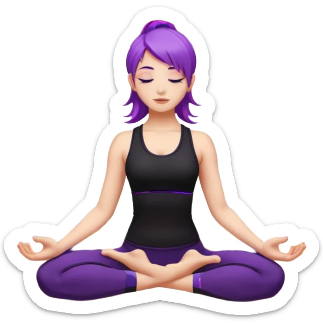 A young woman with purple hair doing yoga in the camel pose (Ustrasana), wearing a black sports outfit, minimalistic background with mandala pattern and colorful stars, soft lighting, peaceful atmosphere, digital illustration style. sticker