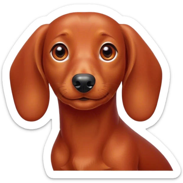 Cinematic Cute Red Dachshund Portrait Emoji, Head tilted playfully and inquisitively, featuring a glossy red coat with a sleek sheen, round, sparkling brown eyes filled with curiosity, Simplified yet irresistibly adorable features, highly detailed, glowing with a warm, friendly glow, high shine, affectionate and spirited, stylized with a touch of whimsy, bright and endearing, soft glowing outline, capturing the essence of a mischievous yet loving pup, so playful it feels like it could dash out of the screen and into your arms! sticker