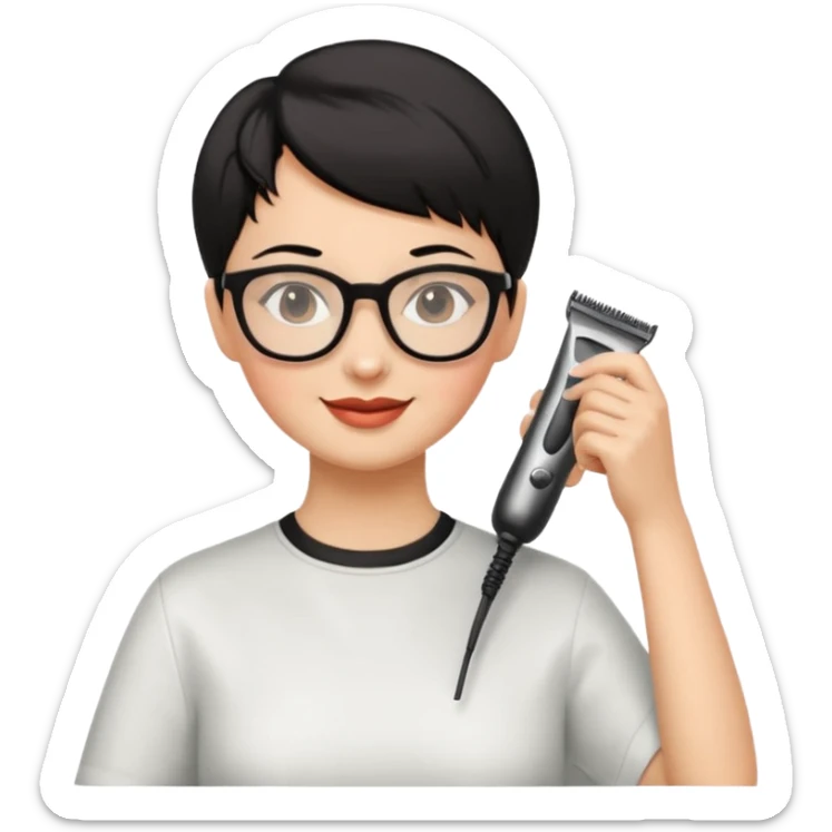 Happy woman with very short hair and glasses having haircut sticker
