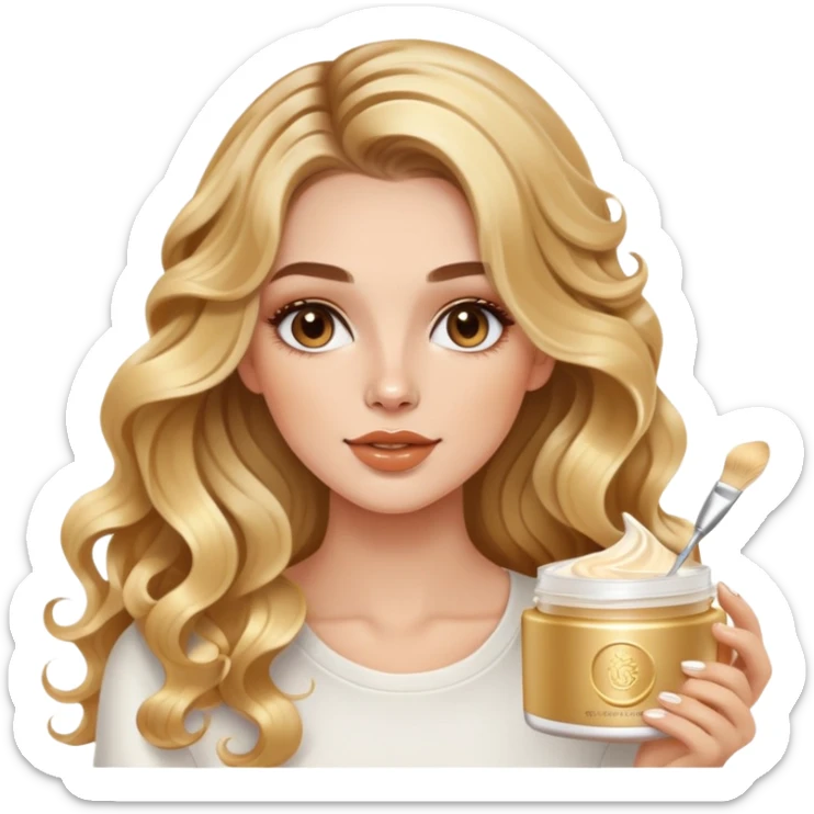 beautiful brunette with a gold blonde balayage white girl with nice curls/defined waves, very long hair, clean girl makeup APPLYING A FACE CREAM ON HER FACE sticker