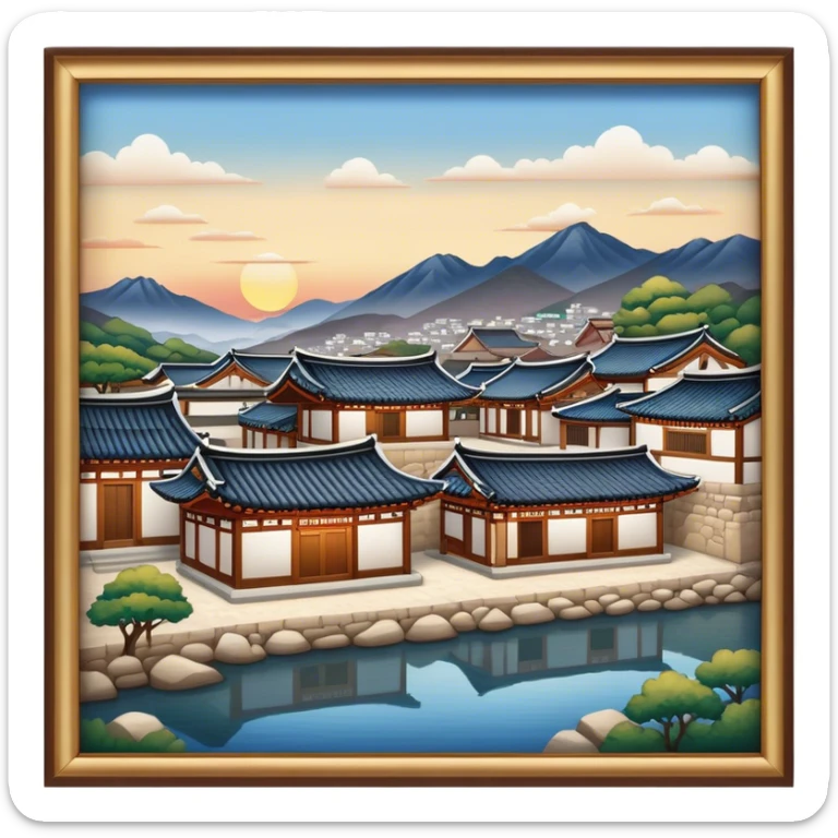 Cinematic Realistic Bukchon Hanok Village Landmark Emoji, depicted with traditional Korean houses set against a scenic backdrop rendered with detailed textures and warm, inviting lighting. sticker
