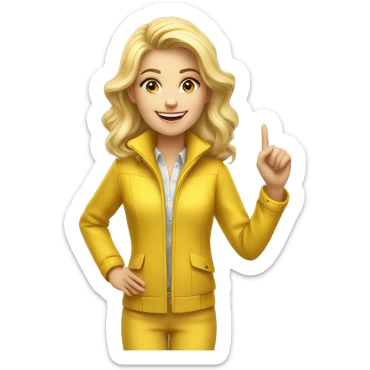 a beautiful blonde girl dressed in a yellow jacket suit. she is smiling and has one hand pointing at something above her. sticker